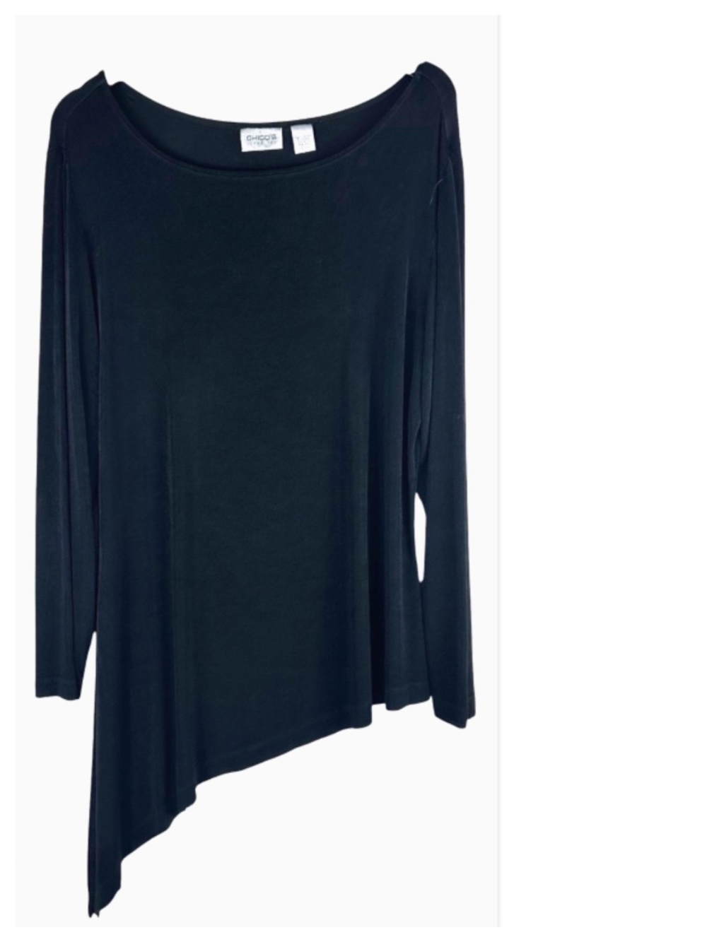 Travelers by Chicos Top Tunic Shirt Sz 3 (XL 1X 16 18) Asymmetrical Black Silky